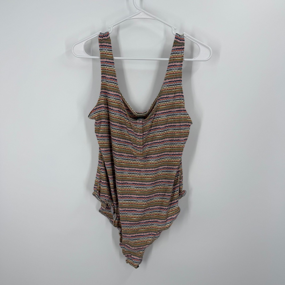 Wild Fable Bodysuit Women Large Coral Multi Striped Henley Ribbed Sleeveless